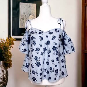 Moon River Cold Shoulder Tassel Tie Strap Striped Floral Top Blue Size Small